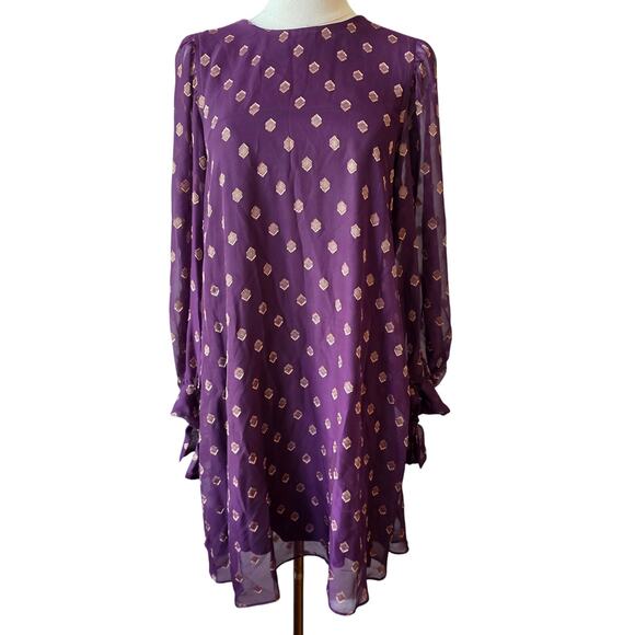 NWT Calvin Klein Women's Metallic Boho LSU Tie Shift Dress Size 6 Purple Gold‎ - Picture 2 of 8